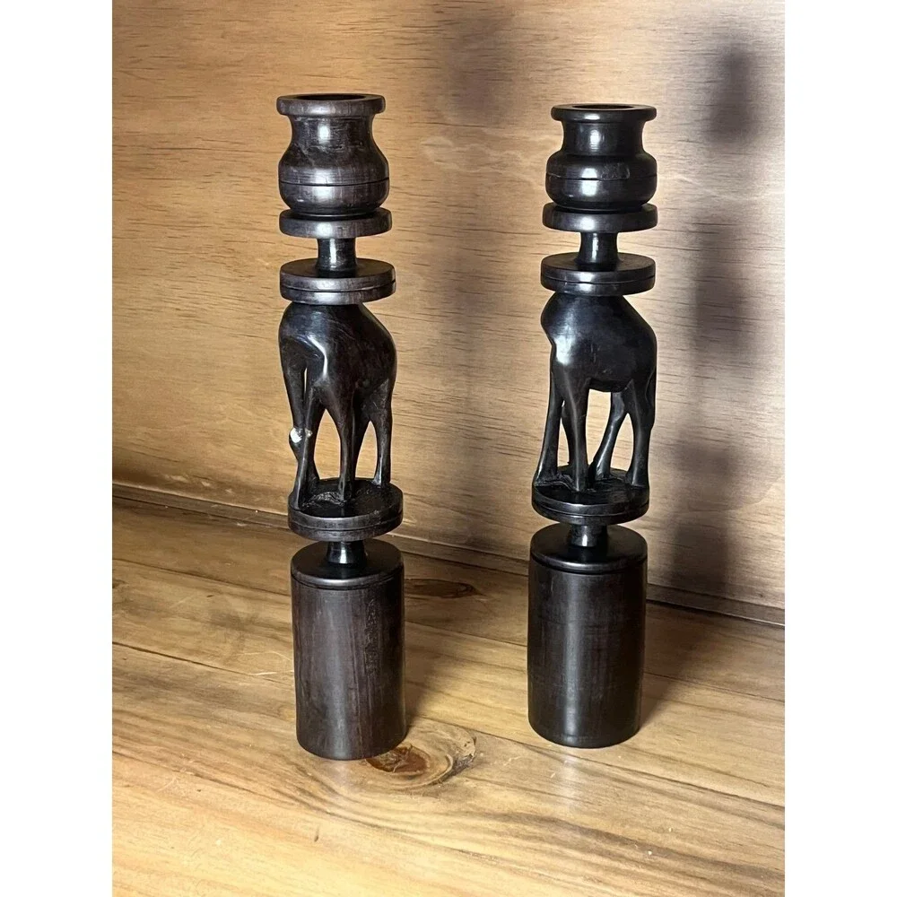 Vintage Wood Giraffe Candlesticks Set Boho Safari Decor Dark Wood Candle Holders